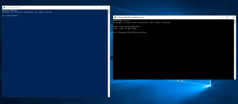 Windows PowerShell 5.1 in a blue console window next to PowerShell 7 Core in a black one