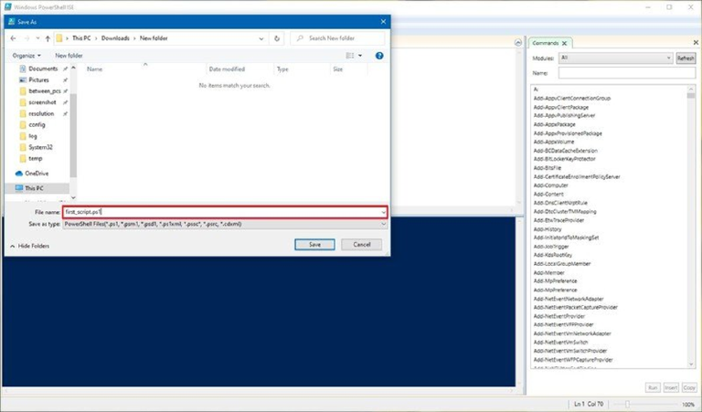 The PowerShell ISE Save As dialog with the PowerShell Files (*.ps1) file type selected